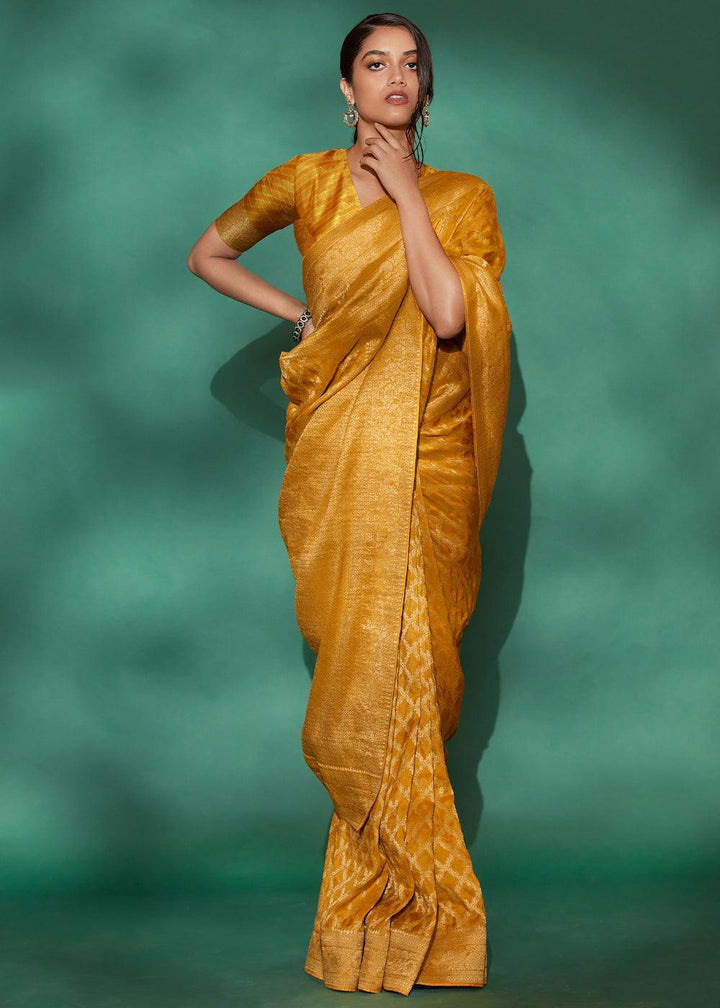 Amber Yellow Woven Viscose Silk Saree - qivii