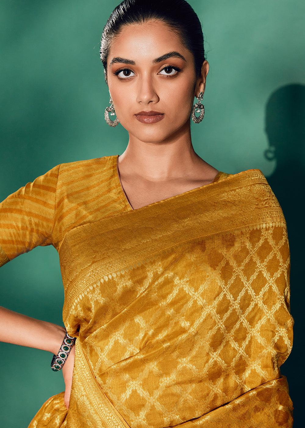 Amber Yellow Woven Viscose Silk Saree - qivii