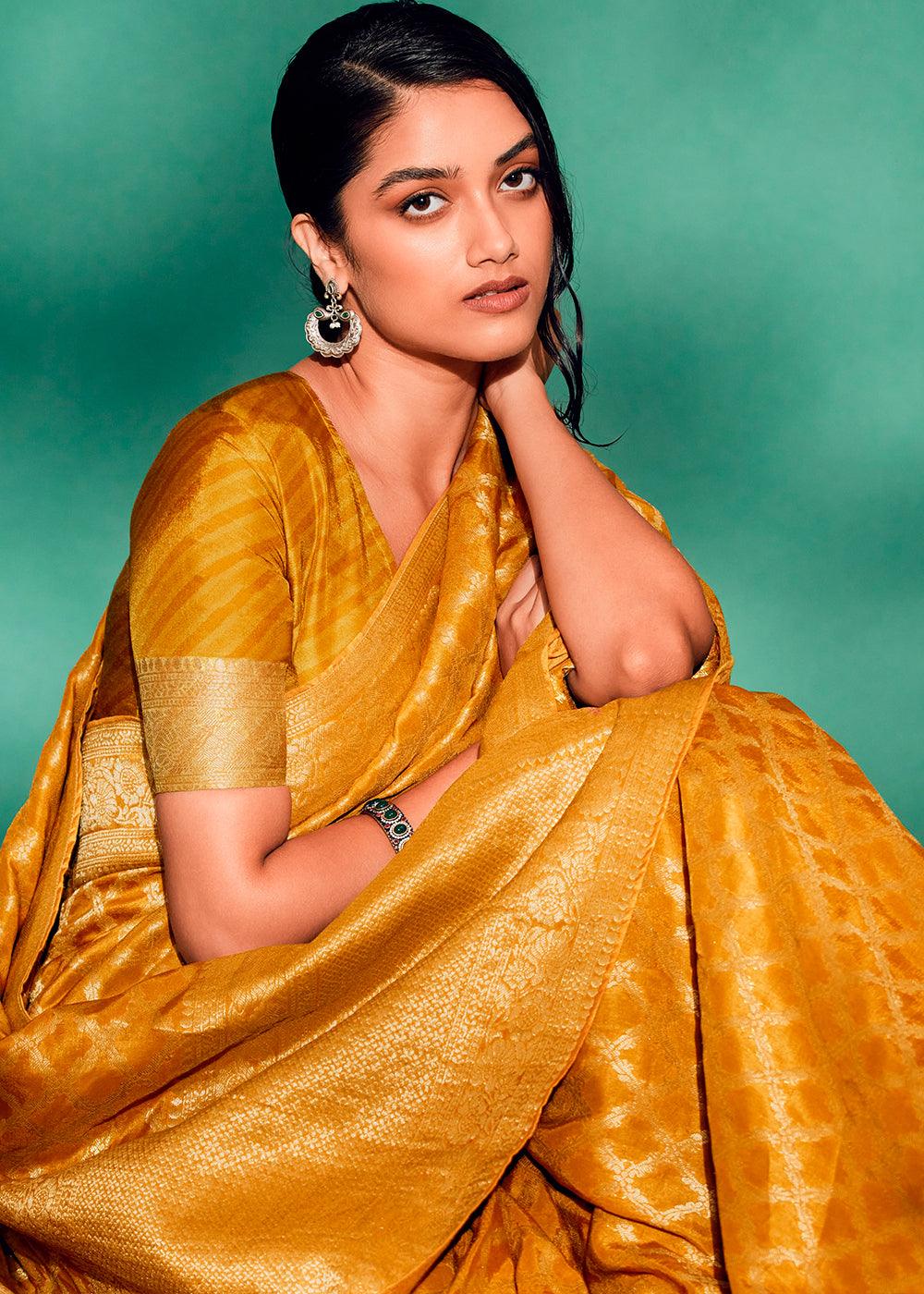 Amber Yellow Woven Viscose Silk Saree - qivii