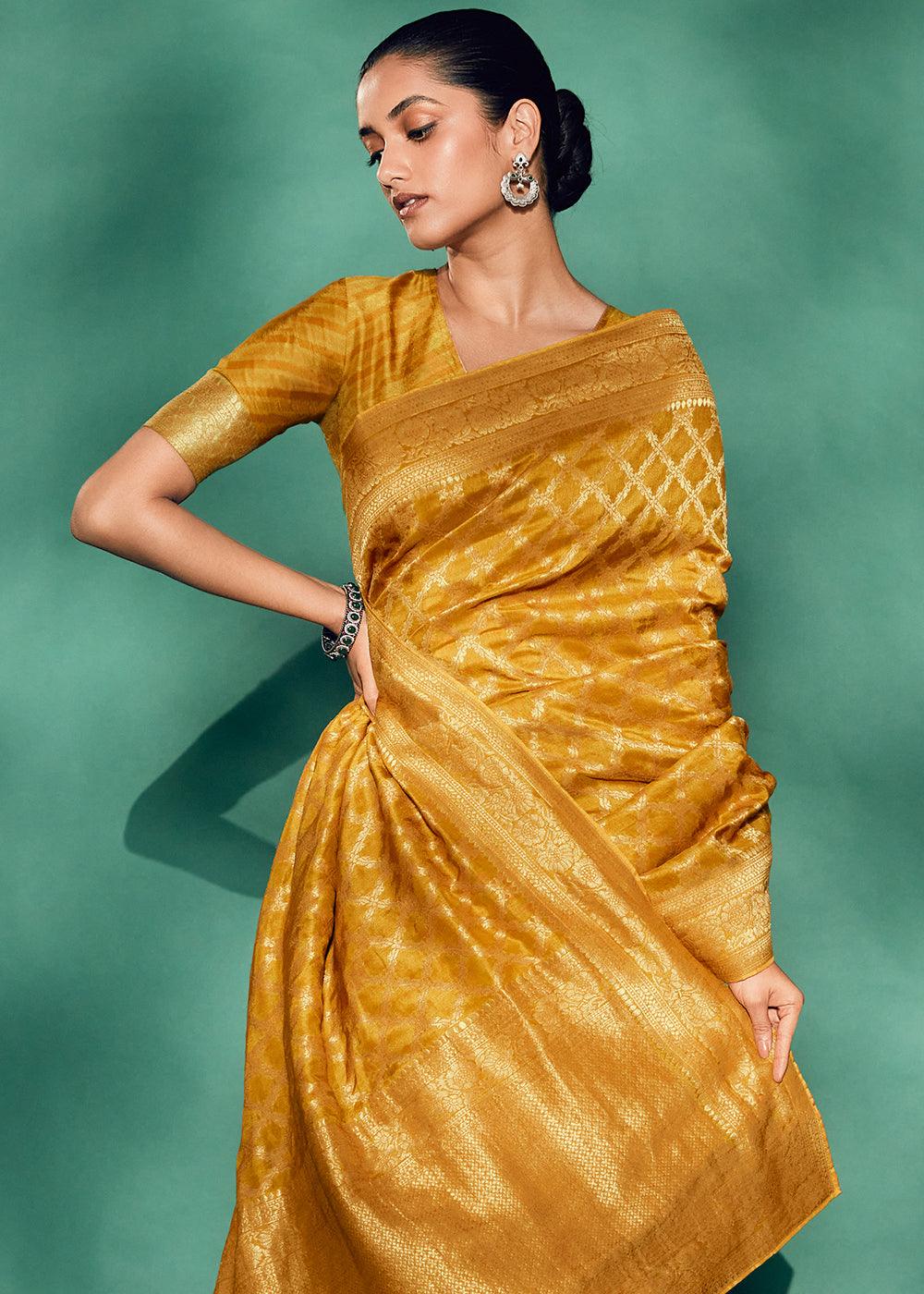 Amber Yellow Woven Viscose Silk Saree - qivii