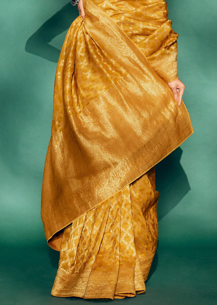 Amber Yellow Woven Viscose Silk Saree - qivii