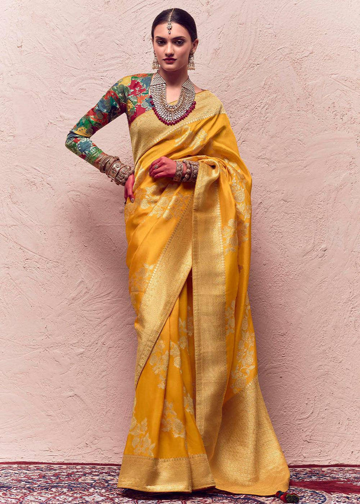 Amber Yellow Zari Woven Dola Silk Saree With Zari Woven Blouse | Stitched Blouse - qivii