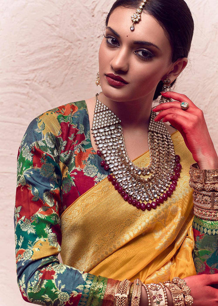 Amber Yellow Zari Woven Dola Silk Saree With Zari Woven Blouse | Stitched Blouse - qivii