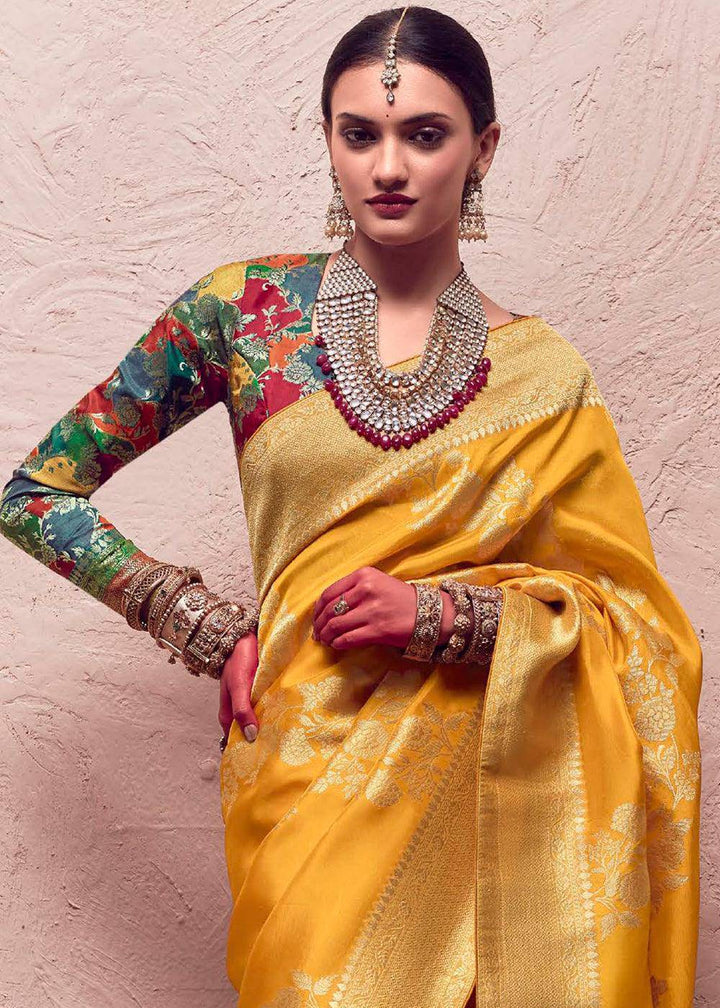 Amber Yellow Zari Woven Dola Silk Saree With Zari Woven Blouse | Stitched Blouse - qivii