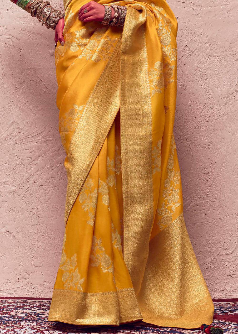 Amber Yellow Zari Woven Dola Silk Saree With Zari Woven Blouse | Stitched Blouse - qivii