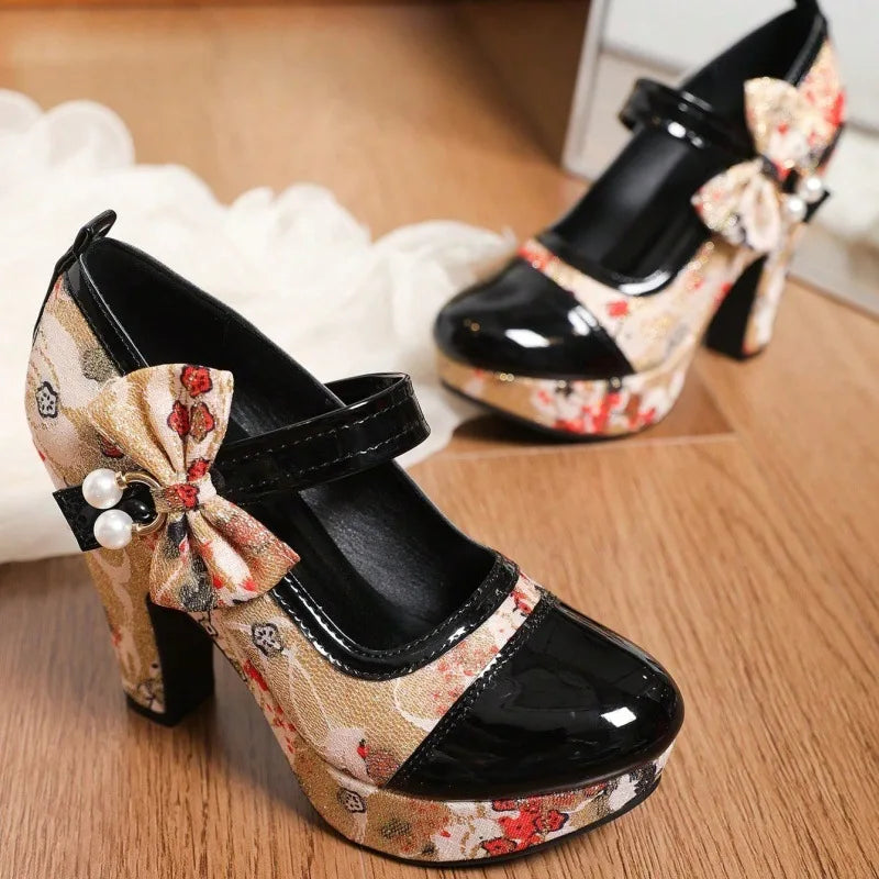 Amelia women's floral Mary Jane platform heels by Hudson Ridge featuring colorful flower patterns and ankle straps.