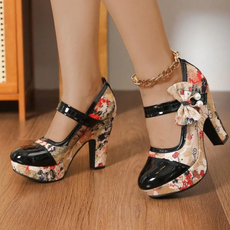 Women’s floral Mary Jane platform heels by Hudson Ridge, featuring colorful floral patterns and adjustable straps.