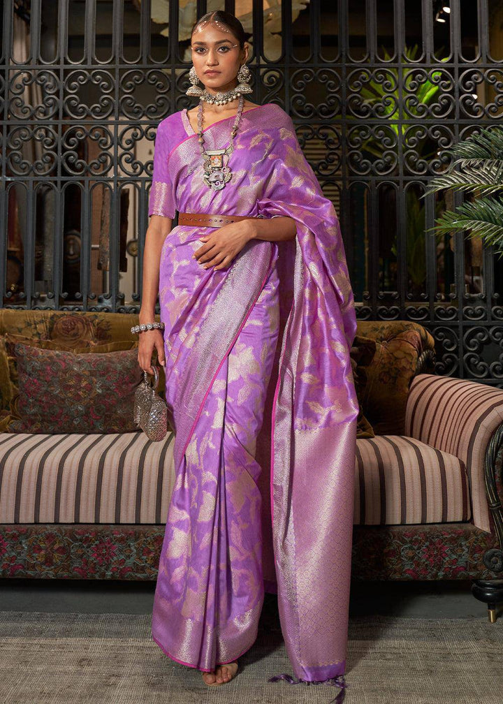 Amethyst Purple Handloom Woven Designer Silk Saree | Stitched Blouse - qivii