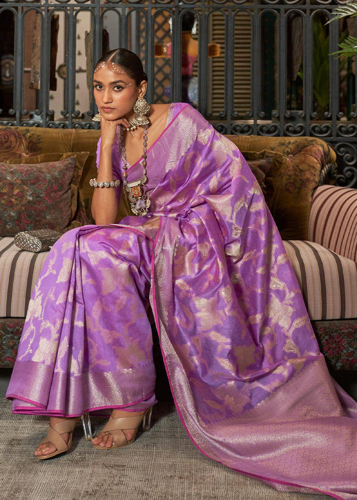 Amethyst Purple Handloom Woven Designer Silk Saree | Stitched Blouse - qivii