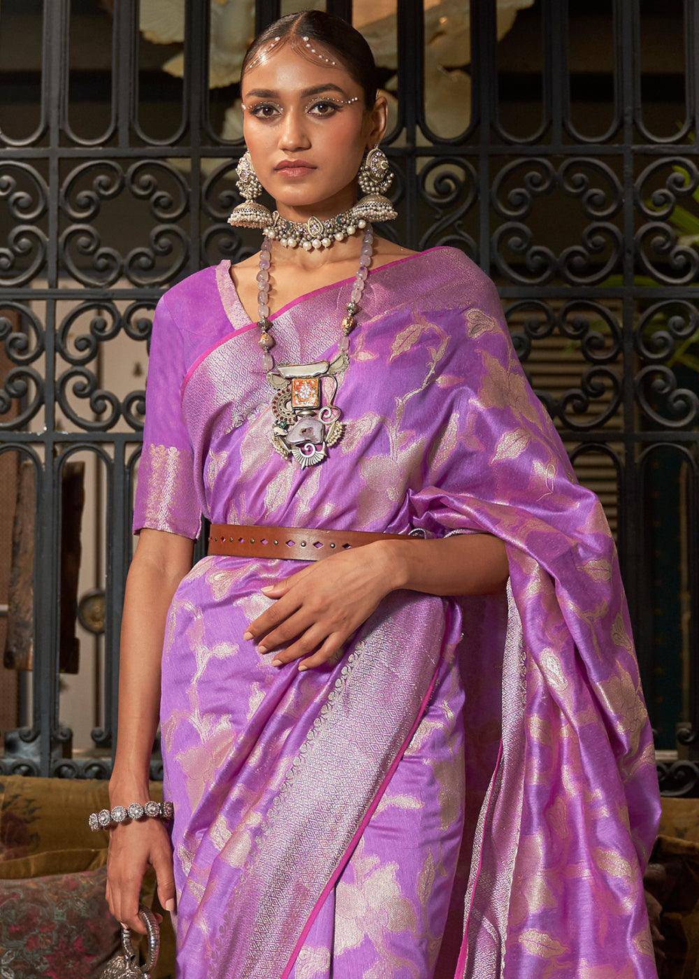 Amethyst Purple Handloom Woven Designer Silk Saree | Stitched Blouse - qivii