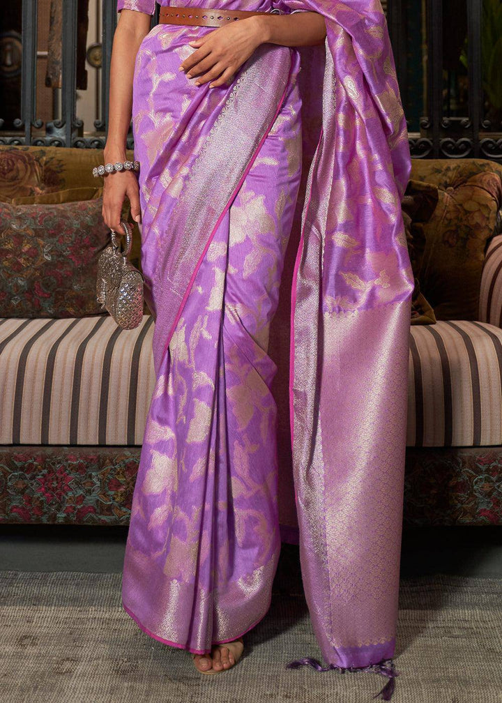 Amethyst Purple Handloom Woven Designer Silk Saree | Stitched Blouse - qivii