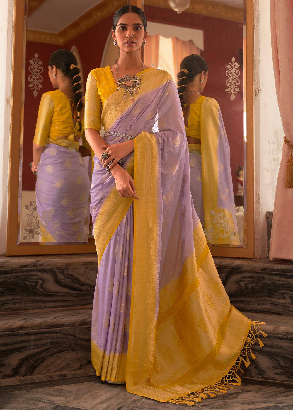 Amethyst Purple Zari Woven Georgette Saree with Contrast Border & Blouse | Stitched Blouse - qivii