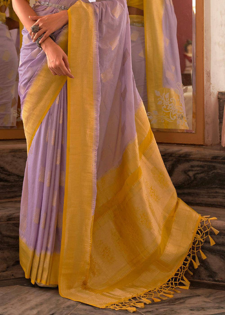 Amethyst Purple Zari Woven Georgette Saree with Contrast Border & Blouse | Stitched Blouse - qivii