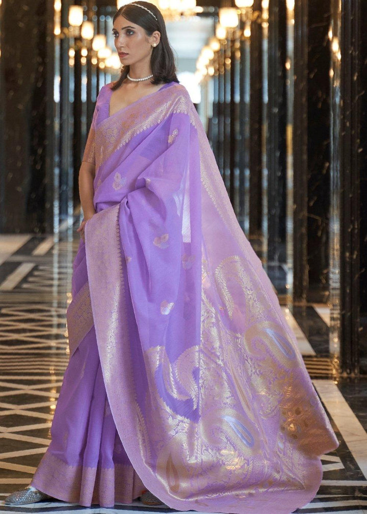 Amethyst Purple Zari Woven Linen Silk Saree | Stitched Blouse - qivii