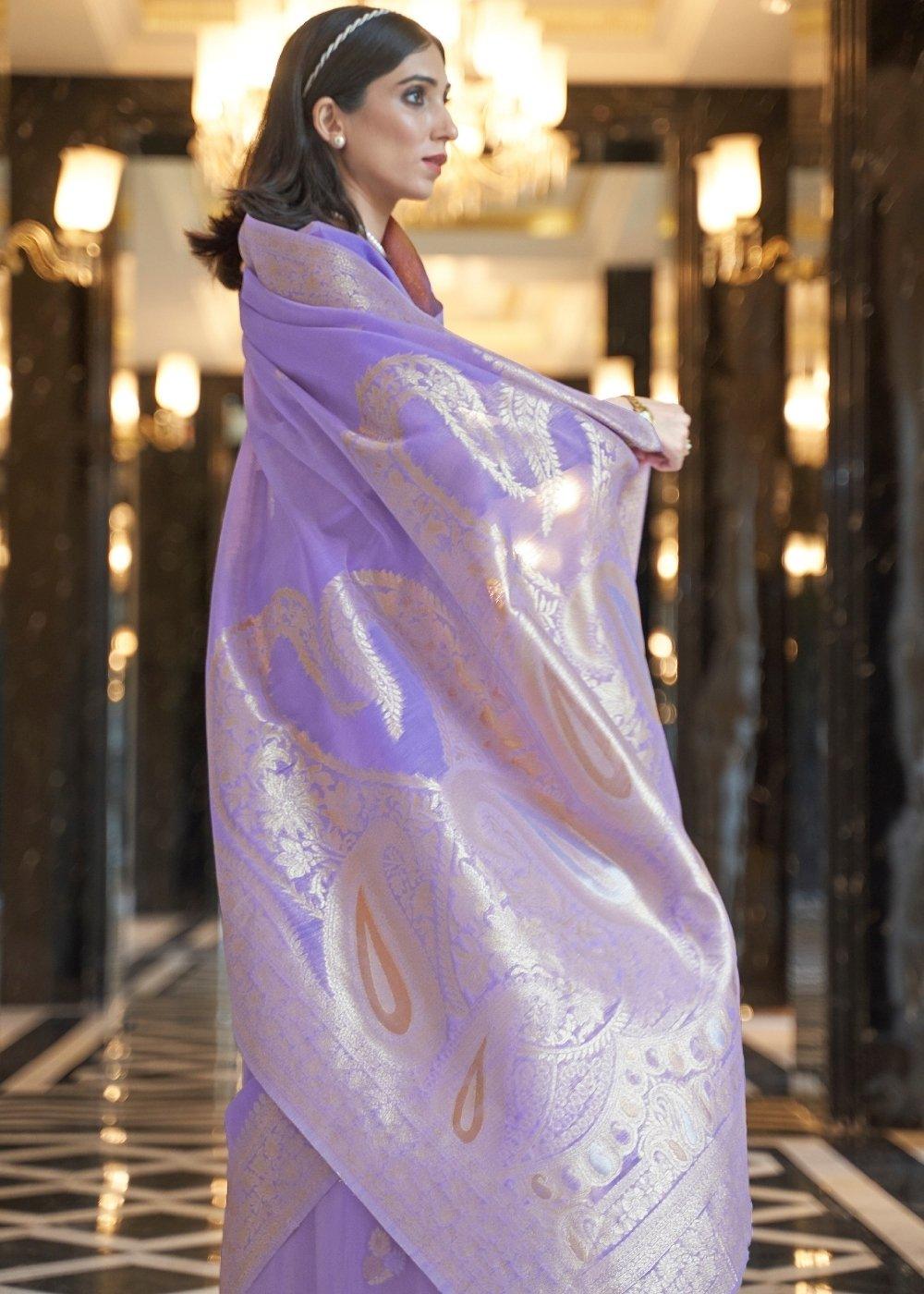 Amethyst Purple Zari Woven Linen Silk Saree | Stitched Blouse - qivii