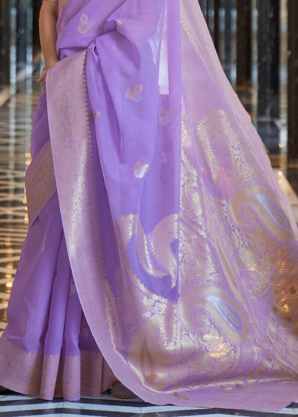 Amethyst Purple Zari Woven Linen Silk Saree | Stitched Blouse - qivii