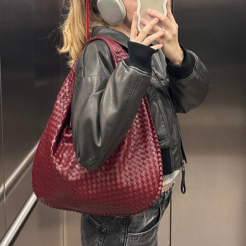 Ounamei Vintage Woven Vegan Leather Hobo Bag Large Shoulder Handbag for Women