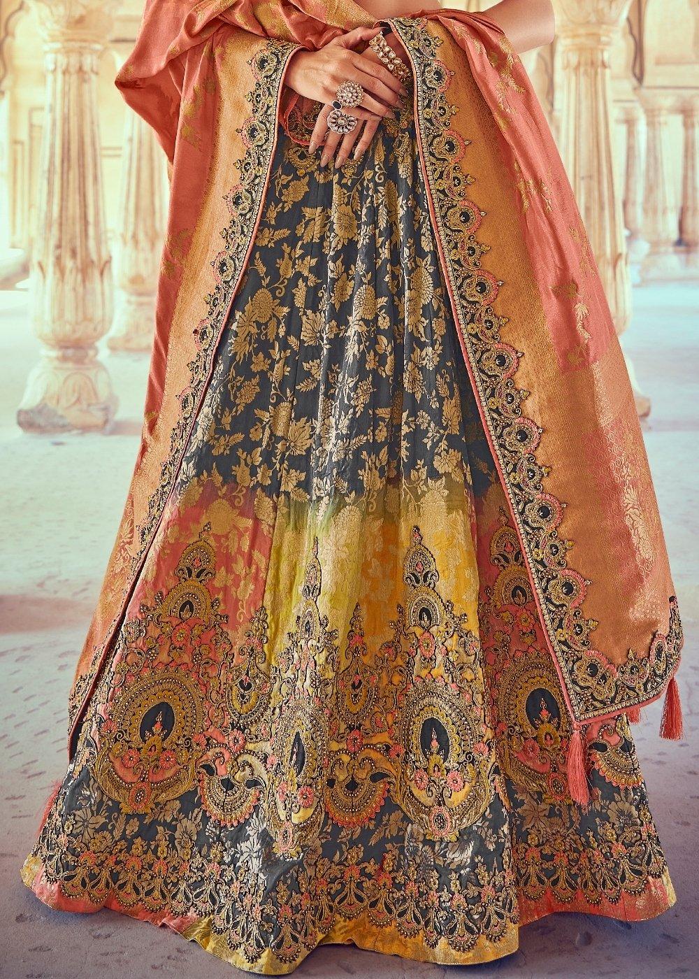 Anchor Grey & Pink Banarasi Silk Lehenga Choli with Khatli work Embroidery - qivii