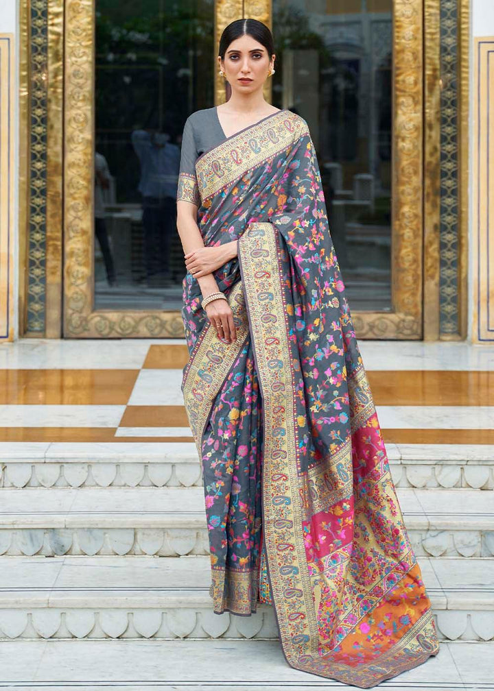 Anchor Grey Banarasi Jamawar Woven Silk Saree | Stitched Blouse - qivii