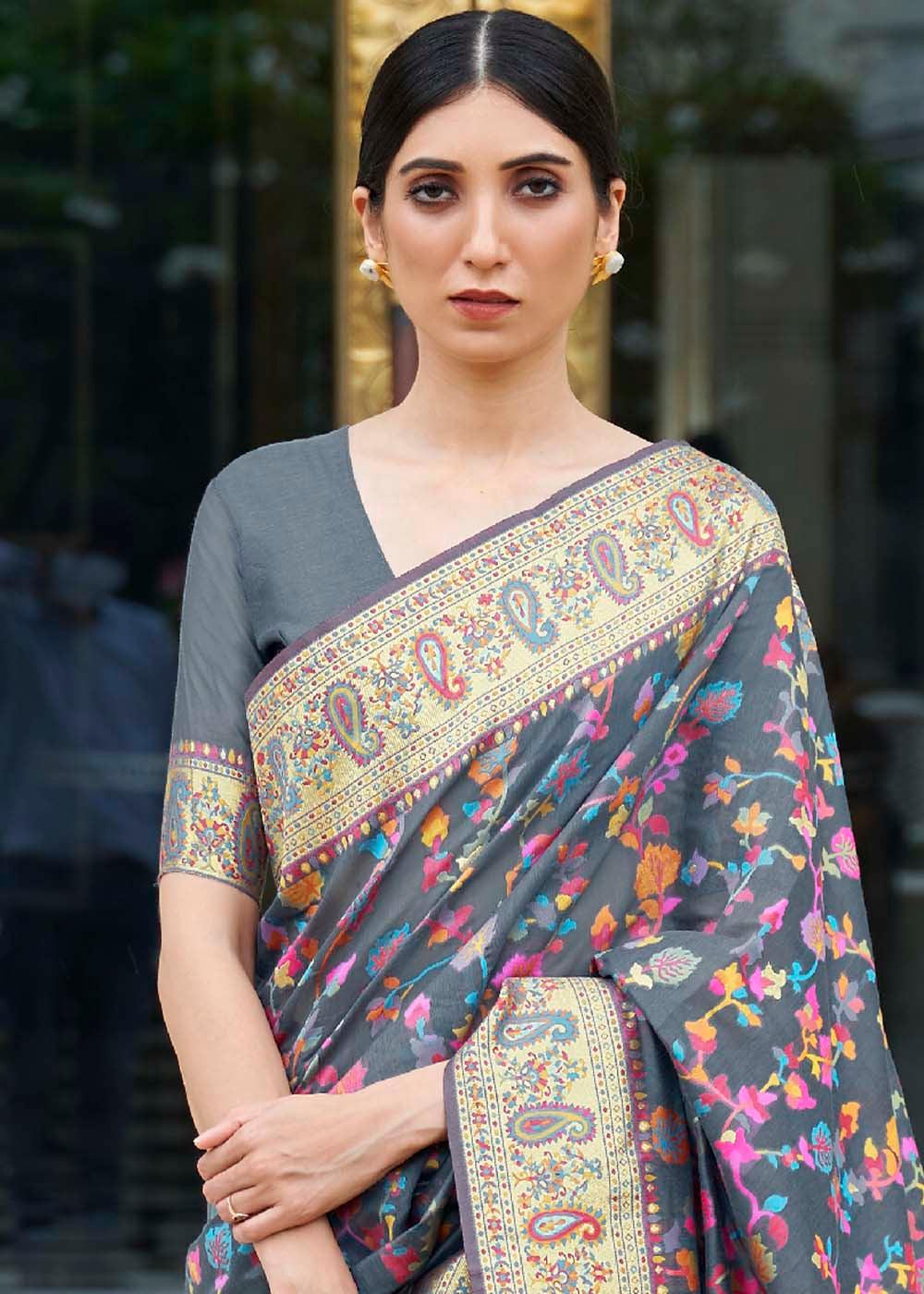 Anchor Grey Banarasi Jamawar Woven Silk Saree | Stitched Blouse - qivii