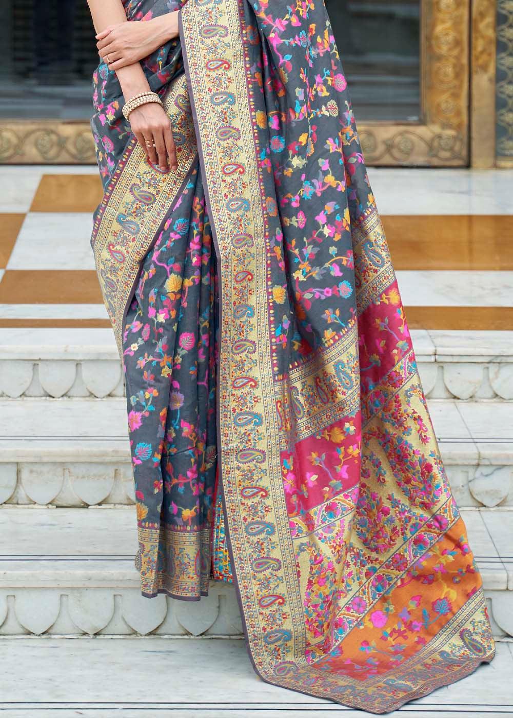 Anchor Grey Banarasi Jamawar Woven Silk Saree | Stitched Blouse - qivii