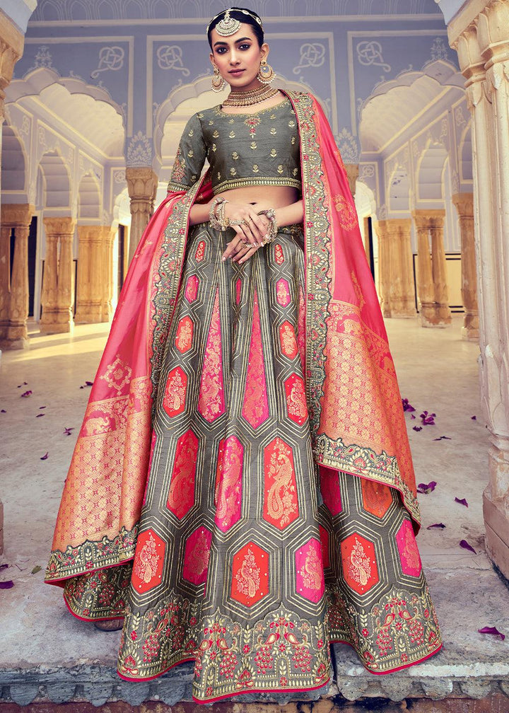 Anchor Grey Banarasi Silk Lehenga Choli with Khatli and Heavy Embroidered work - qivii