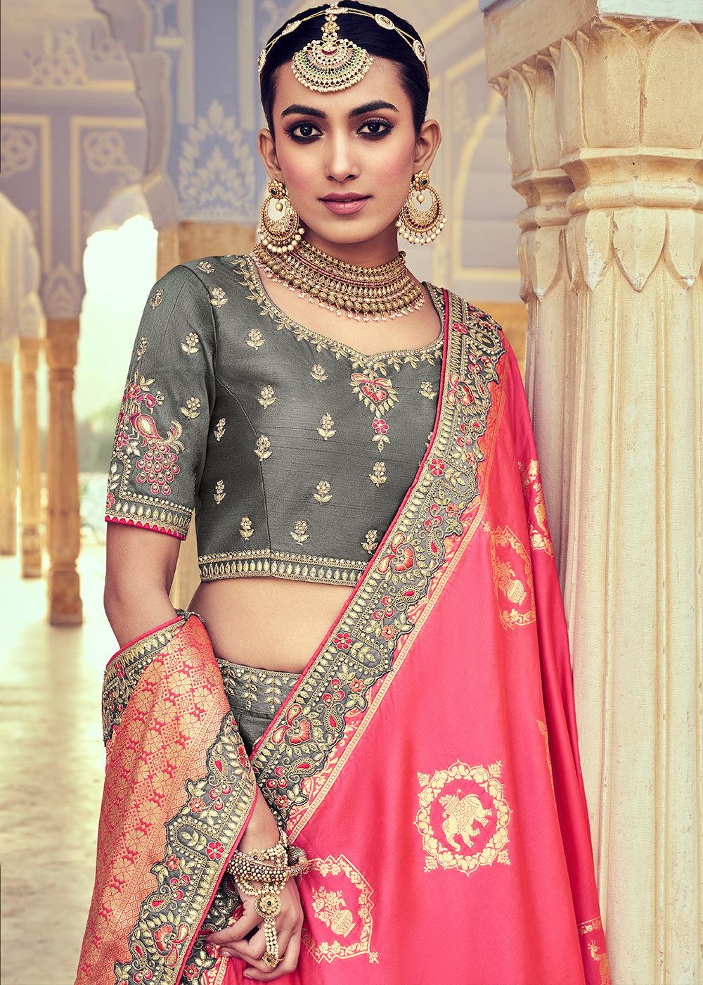 Anchor Grey Banarasi Silk Lehenga Choli with Khatli and Heavy Embroidered work - qivii