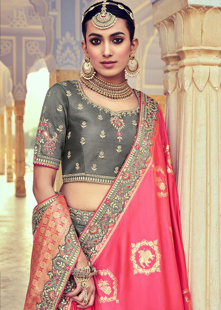 Anchor Grey Banarasi Silk Lehenga Choli with Khatli and Heavy Embroidered work - qivii