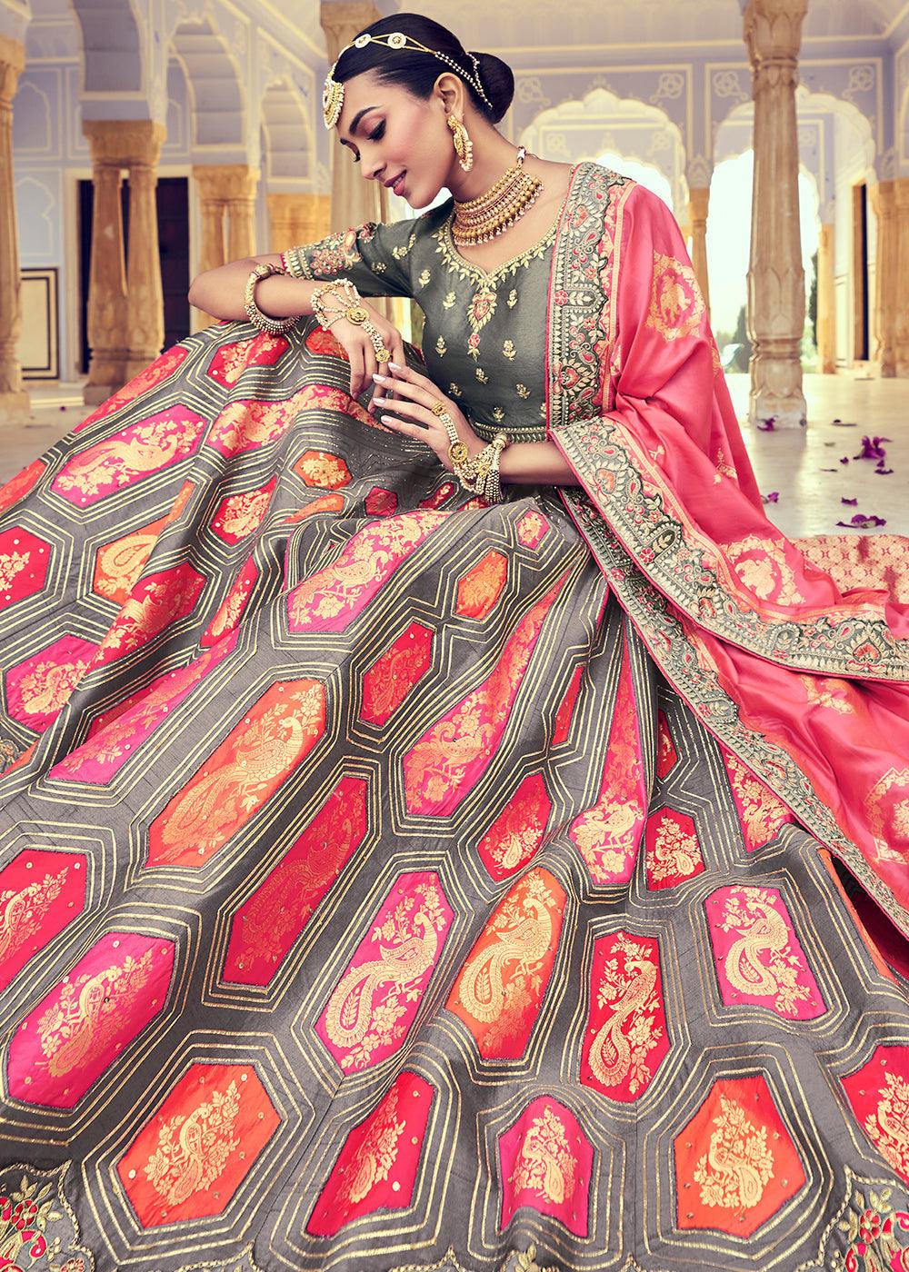 Anchor Grey Banarasi Silk Lehenga Choli with Khatli and Heavy Embroidered work - qivii