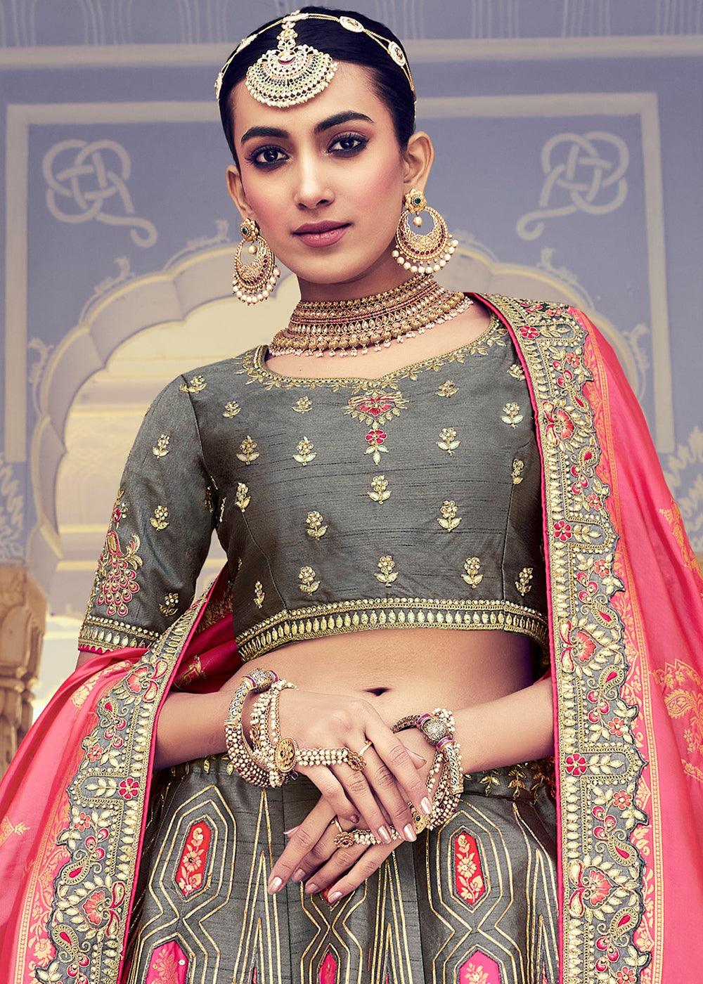 Anchor Grey Banarasi Silk Lehenga Choli with Khatli and Heavy Embroidered work - qivii