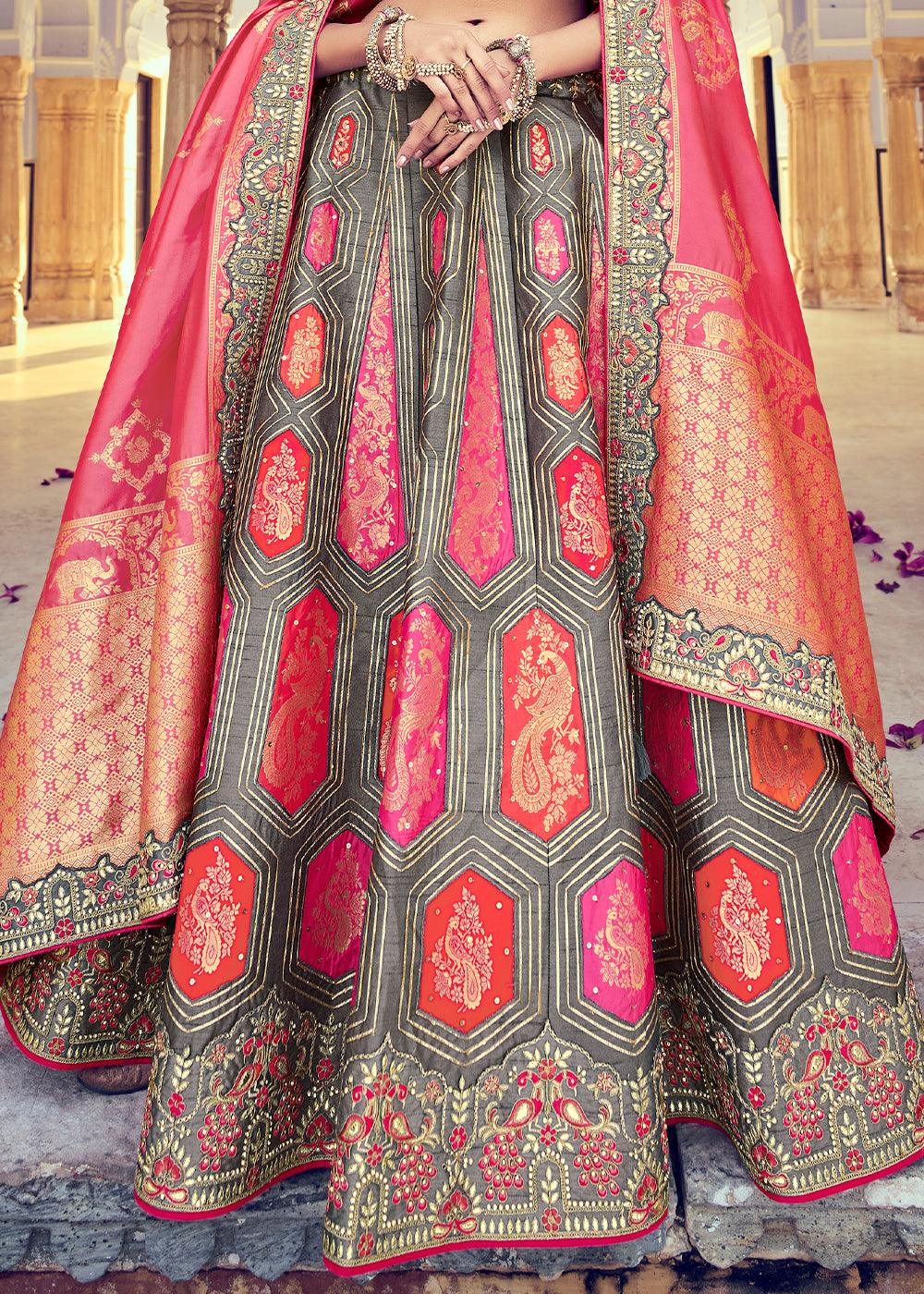 Anchor Grey Banarasi Silk Lehenga Choli with Khatli and Heavy Embroidered work - qivii