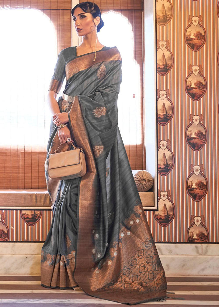 Anchor Grey Copper Zari Woven Tussar Silk Saree | Stitched Blouse - qivii