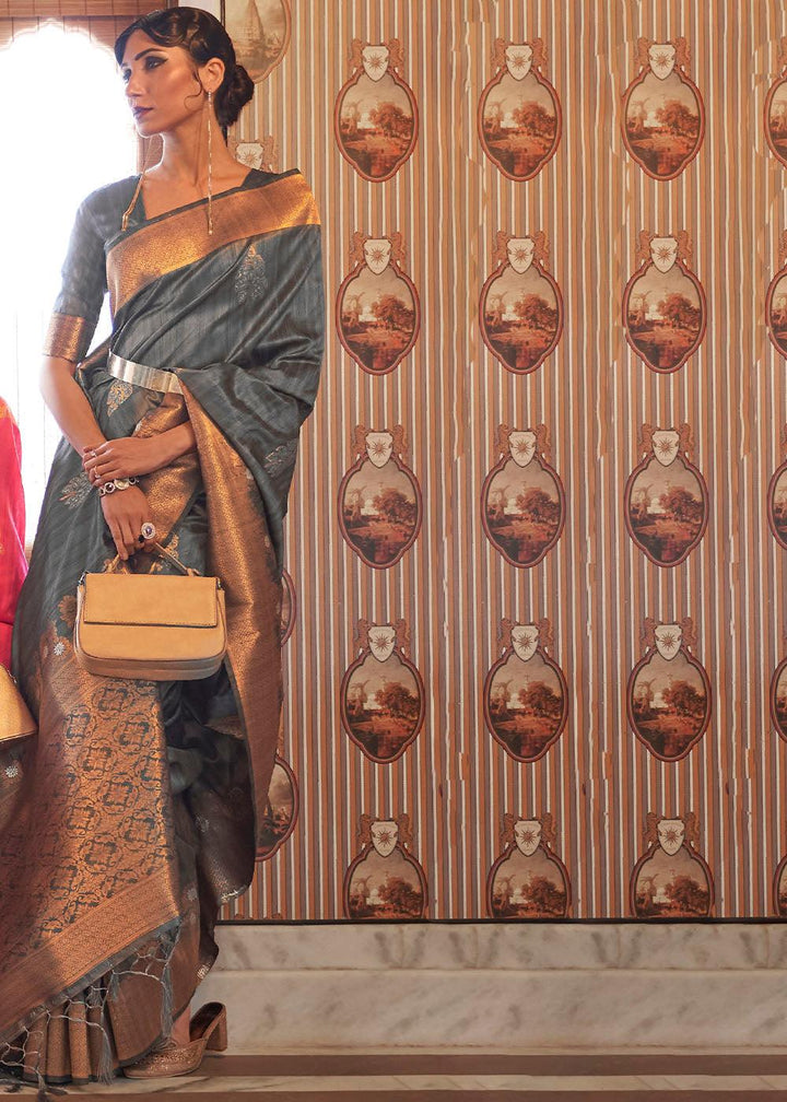 Anchor Grey Copper Zari Woven Tussar Silk Saree | Stitched Blouse - qivii