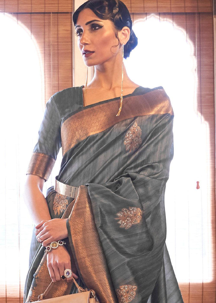 Anchor Grey Copper Zari Woven Tussar Silk Saree | Stitched Blouse - qivii