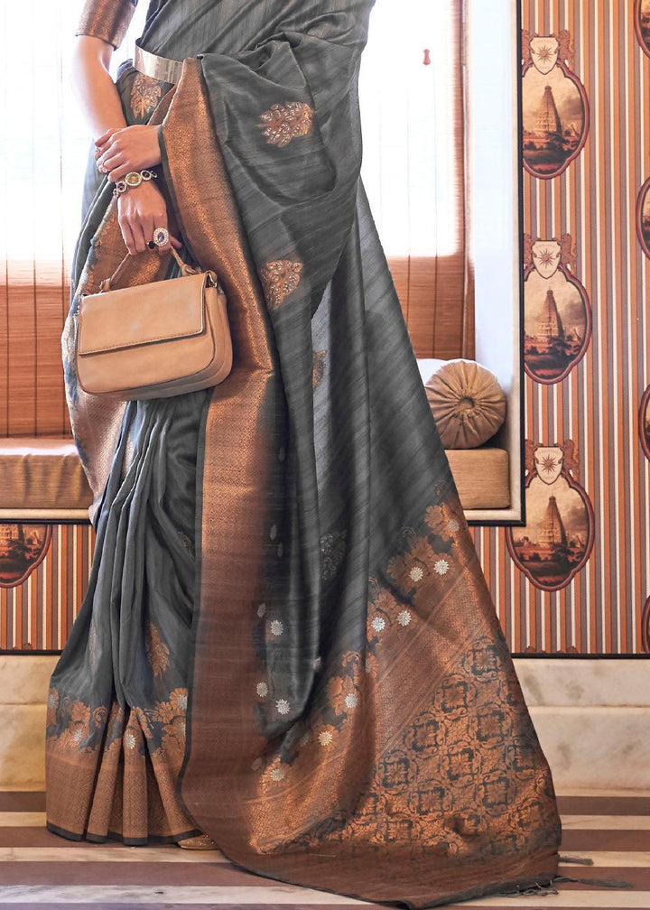 Anchor Grey Copper Zari Woven Tussar Silk Saree | Stitched Blouse - qivii