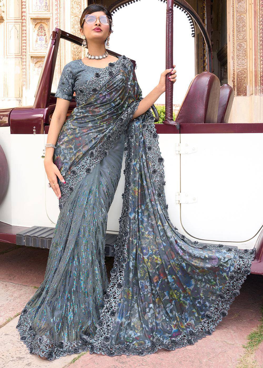 Anchor Grey Digital Net Saree with Sequins,Moti & Flower Applic work | Stitched Blouse - qivii