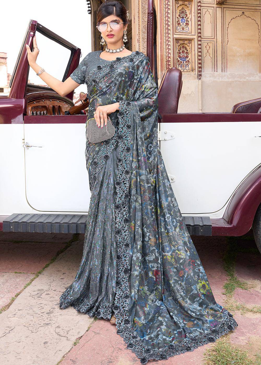 Anchor Grey Digital Net Saree with Sequins,Moti & Flower Applic work | Stitched Blouse - qivii