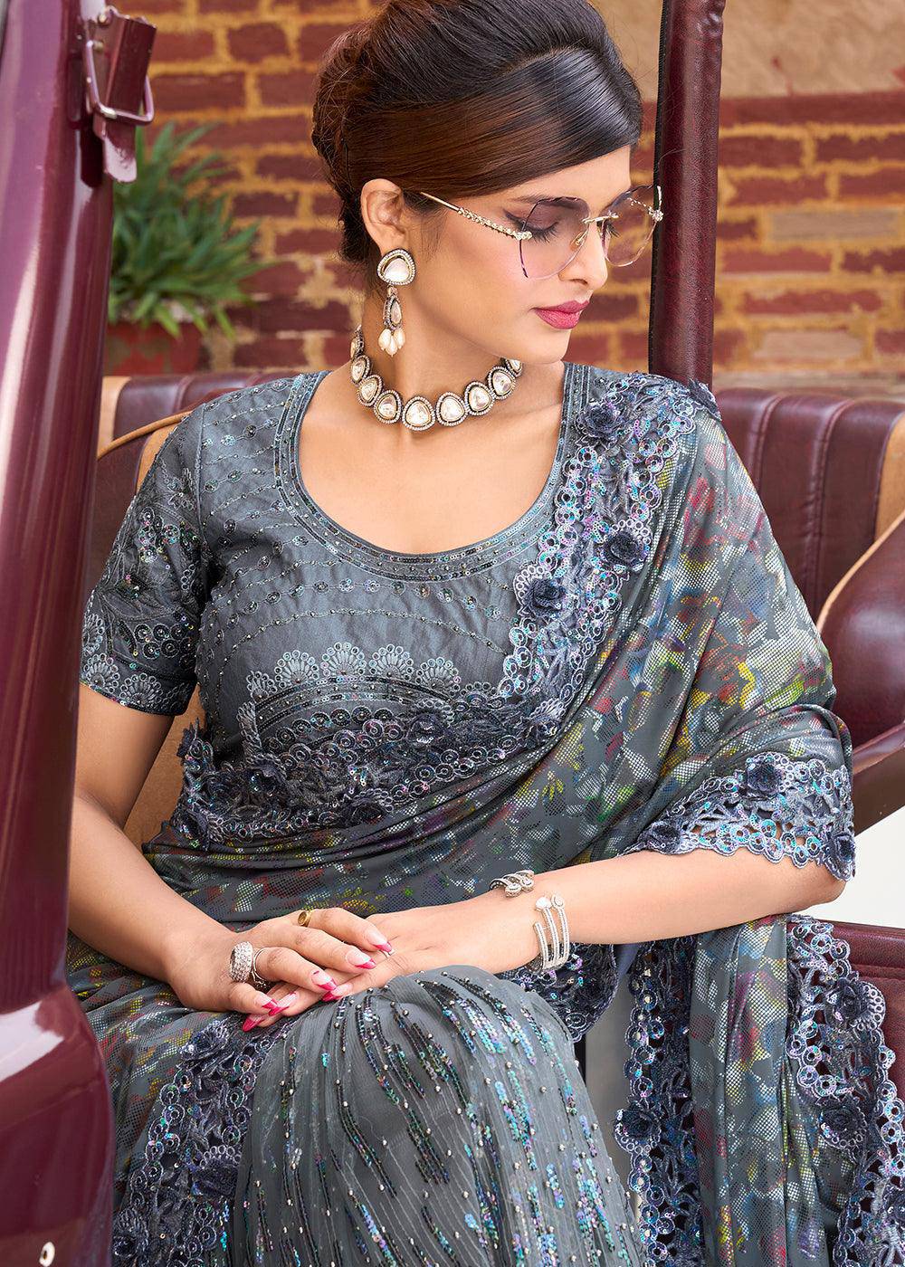 Anchor Grey Digital Net Saree with Sequins,Moti & Flower Applic work | Stitched Blouse - qivii