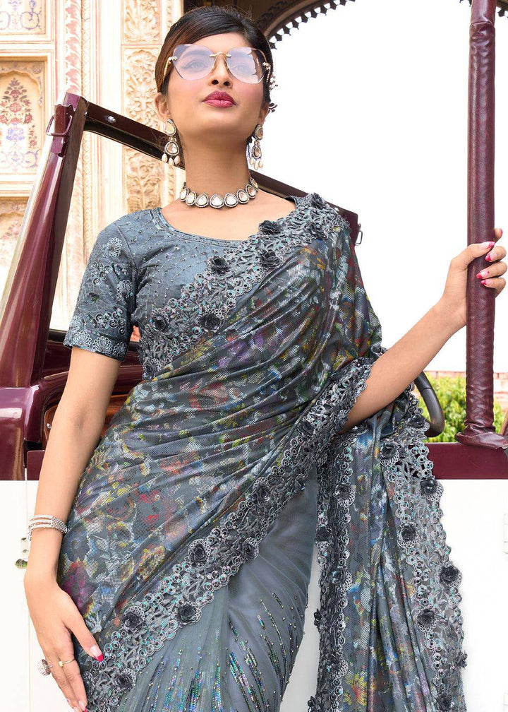 Anchor Grey Digital Net Saree with Sequins,Moti & Flower Applic work | Stitched Blouse - qivii