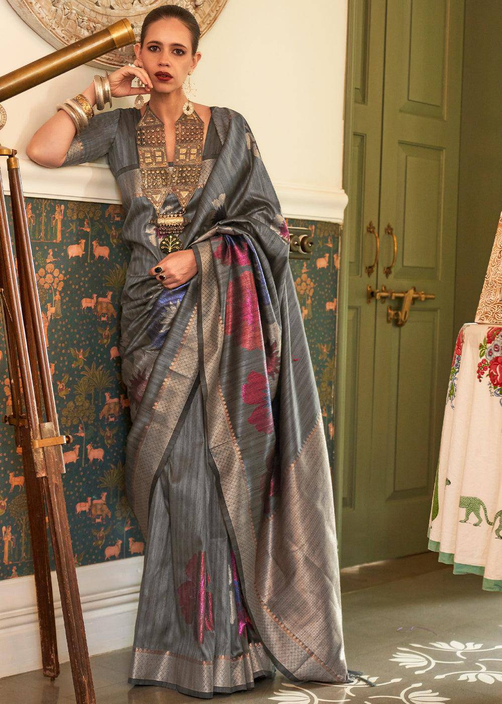 Anchor Grey Multi Coloured Zari Handloom Weaving Silk Saree : Top Pick | Stitched Blouse - qivii