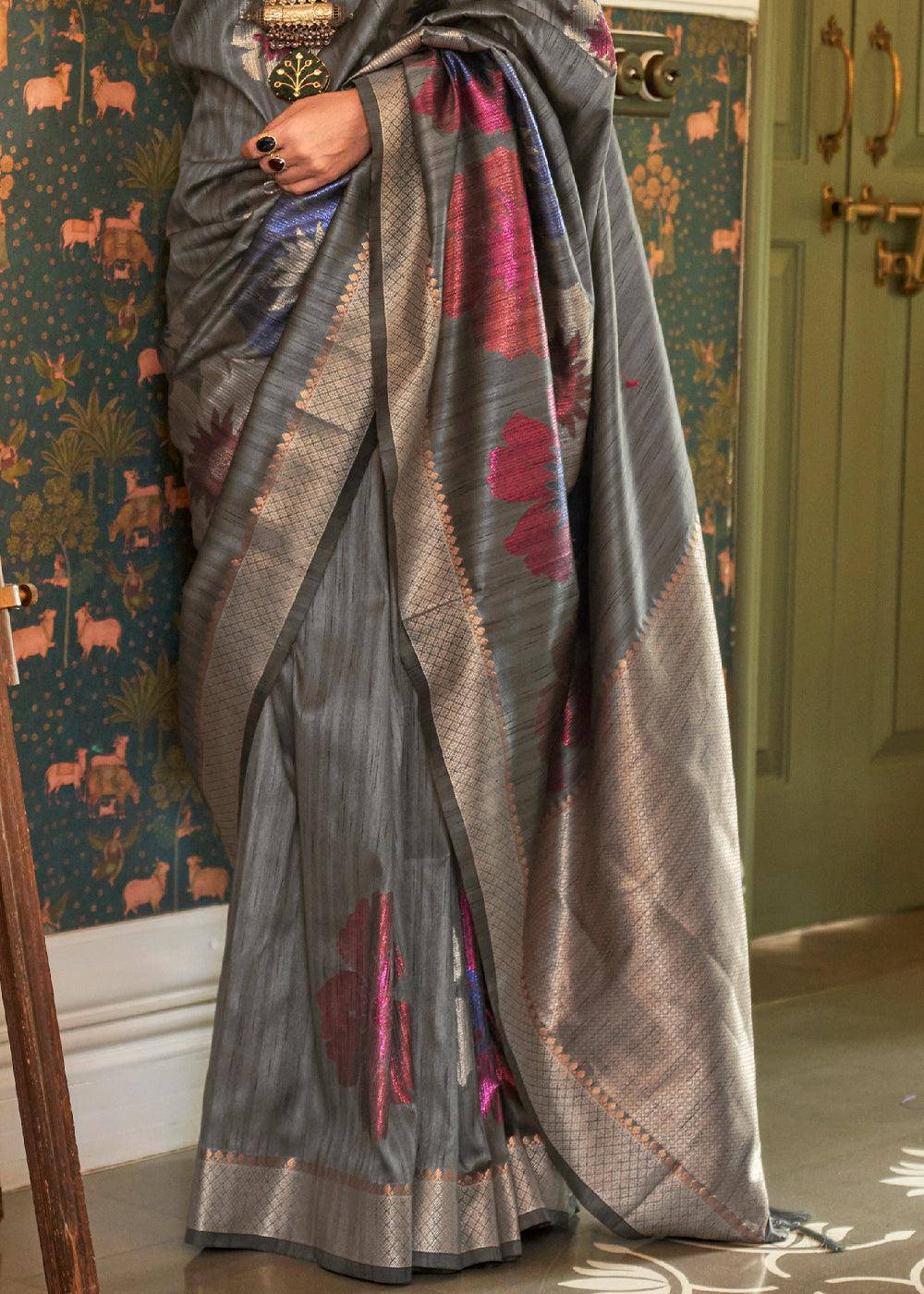 Anchor Grey Multi Coloured Zari Handloom Weaving Silk Saree : Top Pick | Stitched Blouse - qivii