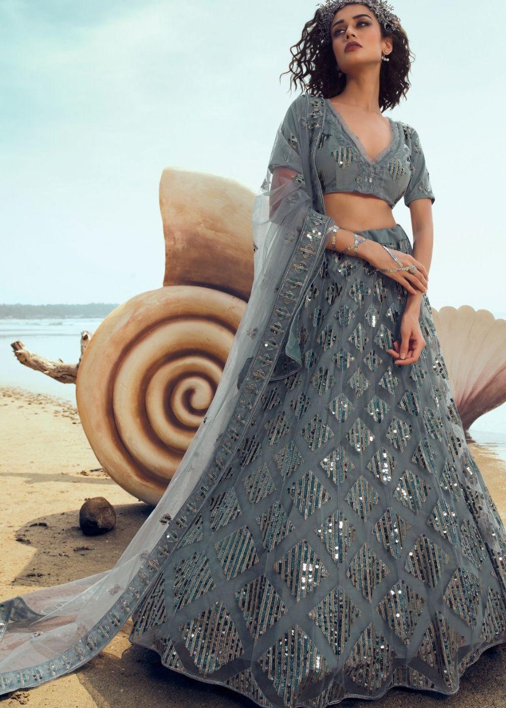 Anchor Grey Soft Net Designer Lehenga Choli with overall Sequins and Thread work(Pre-Order) - qivii