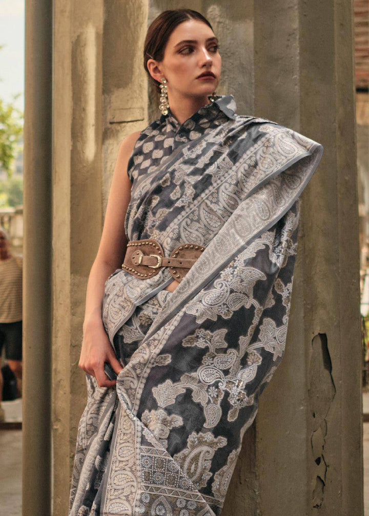 Anchor Grey Zari Handloom Woven Organza Silk Saree | Stitched Blouse - qivii