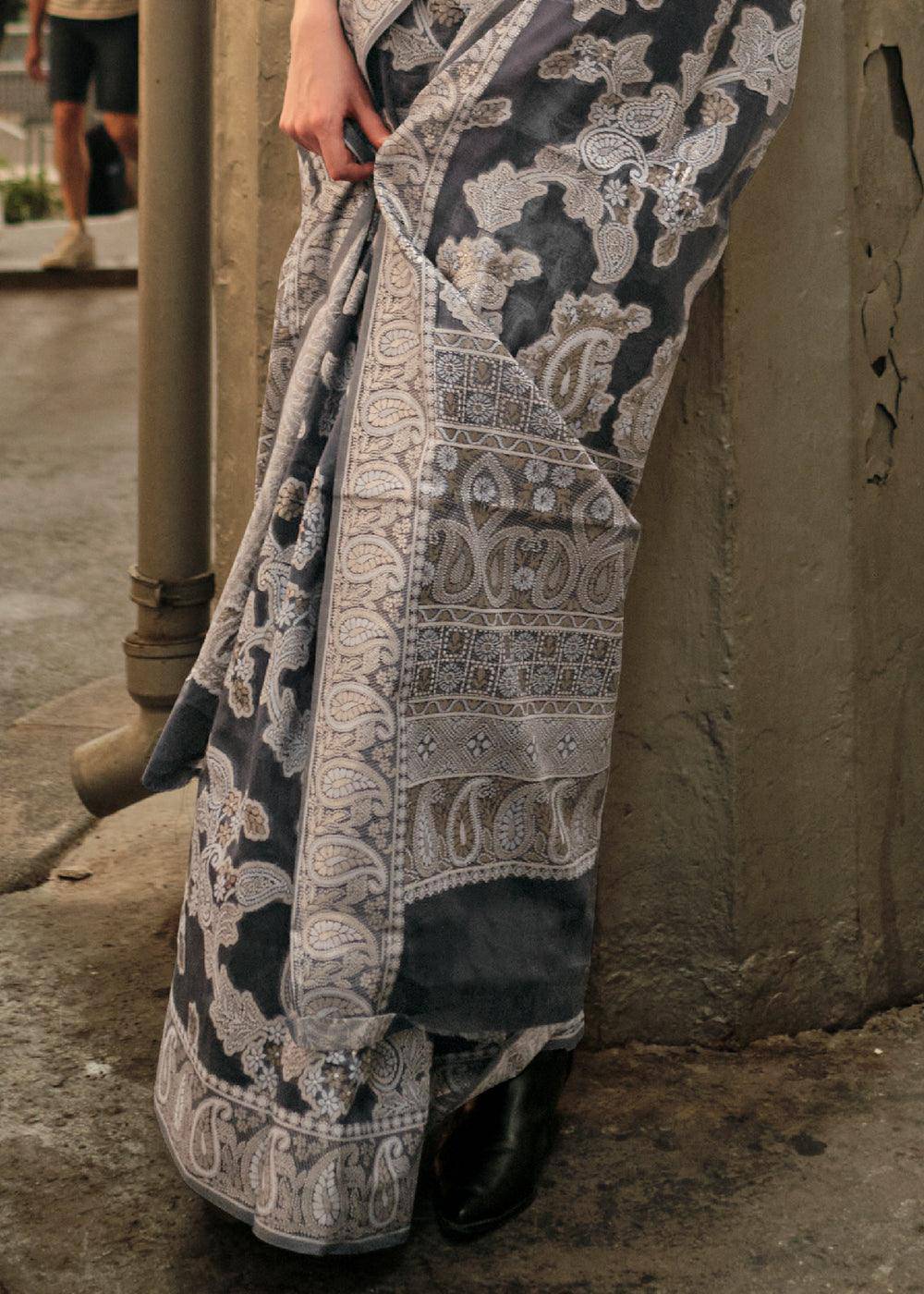 Anchor Grey Zari Handloom Woven Organza Silk Saree | Stitched Blouse - qivii