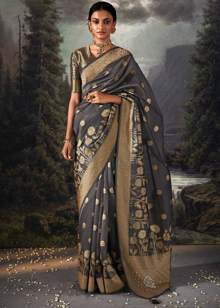 Anchor Grey Zari Woven Organza Silk Saree with Swarovski Work | Stitched Blouse - qivii