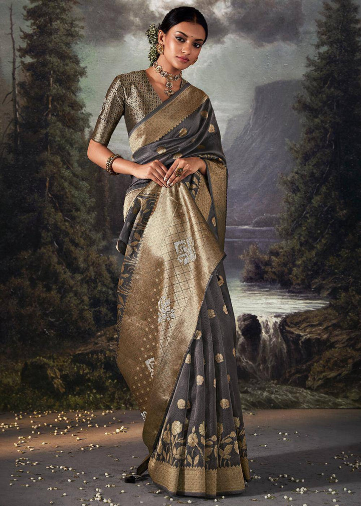 Anchor Grey Zari Woven Organza Silk Saree with Swarovski Work | Stitched Blouse - qivii