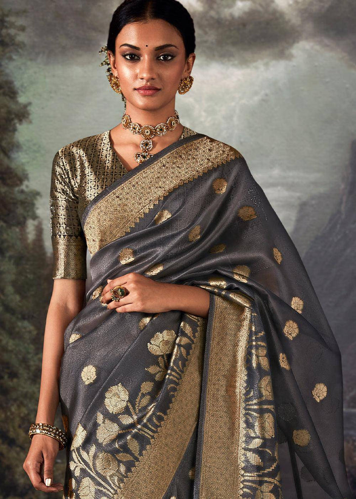 Anchor Grey Zari Woven Organza Silk Saree with Swarovski Work | Stitched Blouse - qivii