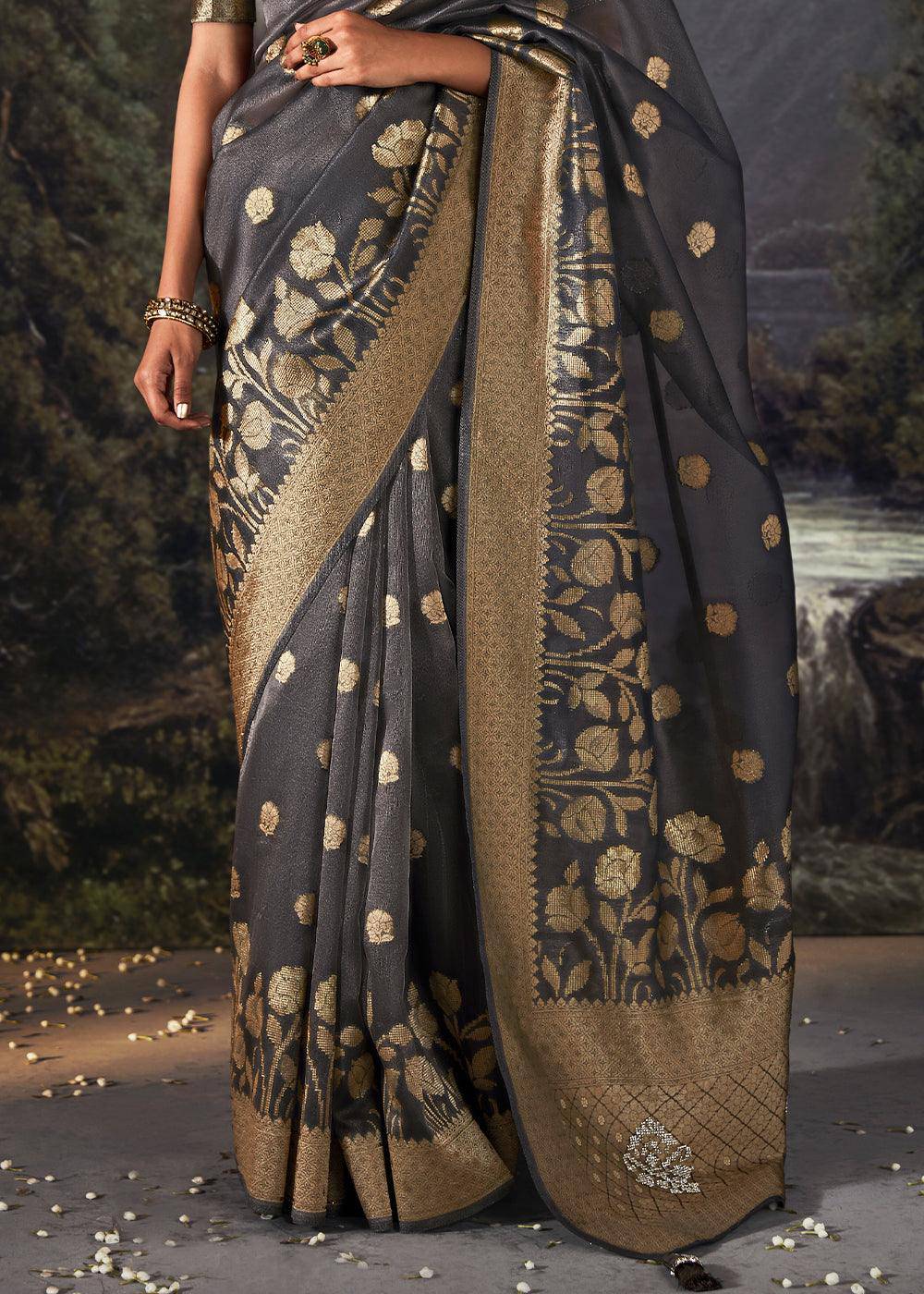 Anchor Grey Zari Woven Organza Silk Saree with Swarovski Work | Stitched Blouse - qivii