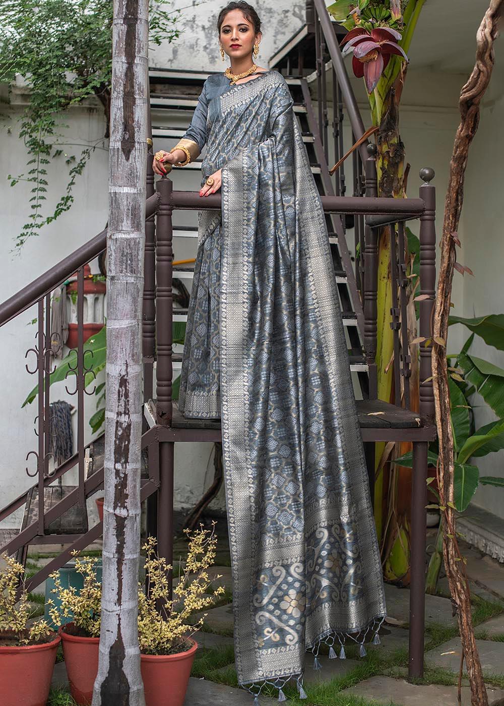 Anchor Grey Zari Woven Tussar Silk Saree | Stitched Blouse - qivii