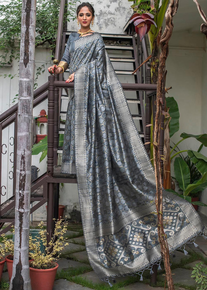 Anchor Grey Zari Woven Tussar Silk Saree | Stitched Blouse - qivii